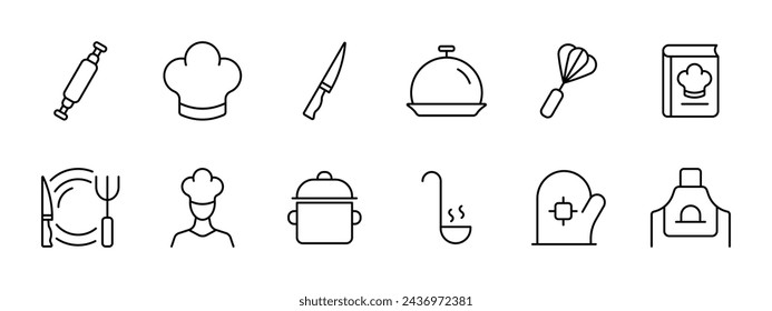 Kitchen set icon. Kitchen utensils, rolling pin, chef hat, knife, whisk, recipe book, cook, serving bowl and serving dish, saucepan, ladle, mitt and apron. Cook room concept. Vector line icon