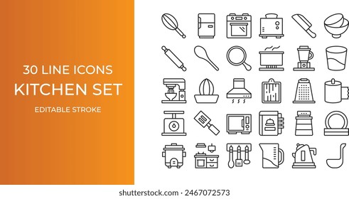 Kitchen set icon set vector line editable stroke. oven, knife, glass, pan and more