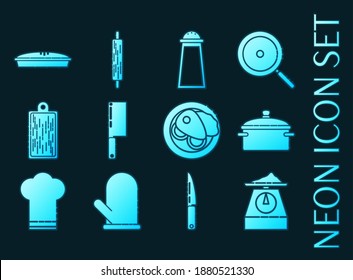 Iconos de juego de cocina. Estilo neón azul brillante.