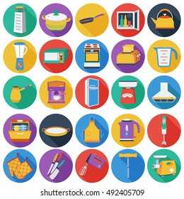 Kitchen set icons in flat style. Big collection of kitchen vector illustration symbol.