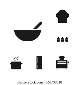 Kitchen set, including bread, fridge, pan, egg, toaster, bowl microwave icons