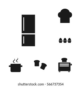 Kitchen set, including bread, fridge, pan, egg, toaster icons