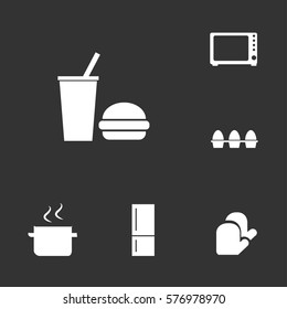 Kitchen set, including bread, fridge, pan, egg, toaster, bowl microwave icons