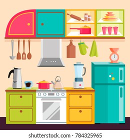 Kitchen set interior with table, stove, cupboard, dishes, applia