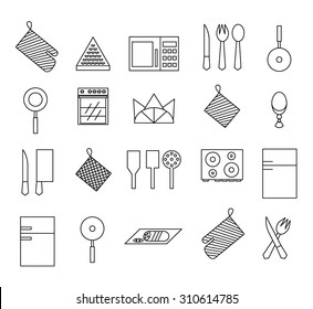 kitchen set. kitchen items. potholder, refrigerator, float, microwave, knives, forks, spoons, eggs stand, pans, napkins, kitchen stove