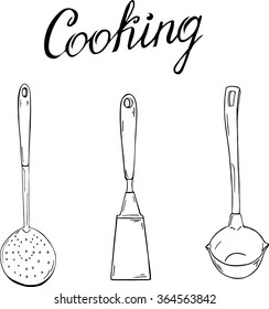 Kitchen set. Ladle, skimmer, spoon. Cartoon sketch drawn by ink. Hand drawn vector illustration.