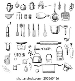 Kitchen set. Large collection of hand - drawn  kitchen related objects on white background. 