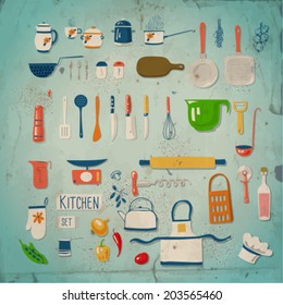 Kitchen set. Large collection of kitchen related objects on blue background with old paper texture. 