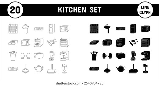 Kitchen Set Line Glyph Vector Illustration Icon Sticker Set Design Materials