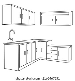 kitchen set line vector illustration,isolated on white background,top view