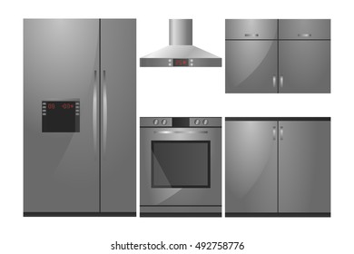 kitchen set in modern style with appliances: fridge kitchen stove boxes worktop ductwork. 3d Realistic Vector isolated illustration