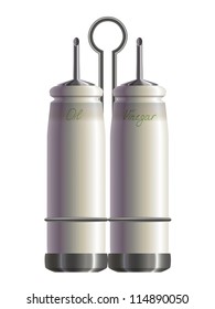 Kitchen set of oil and vinegar bottles in metal holder. Eps10