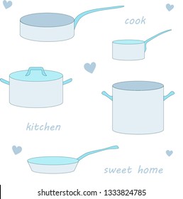 Kitchen set pan pot cook line art - Vector