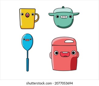 kitchen set rice cooker pan spoon glass in doodle style