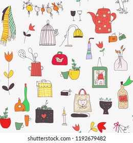 Kitchen set seamless pattern with cups, plates, food, utensils, flowers and pictures. Vector graphic illustration