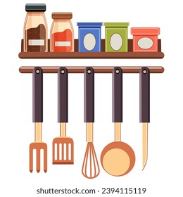 Cocina. Estante de especias. Colección de productos culinarios. Vector. Caricatura. Acercamiento. Se utiliza para collages de diseño web, ilustraciones y diseño interior.