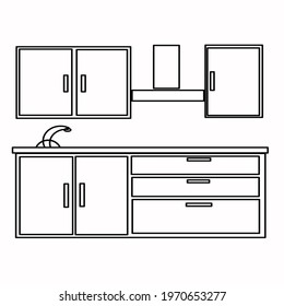Kitchen, kitchen set, storage space for dishes, washbasin, extractor hood, dishwasher. Part of a set of furniture and interior accessories. Isolated vector objects.