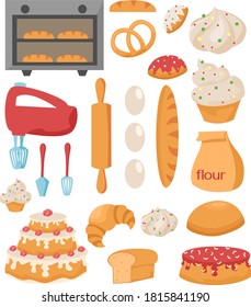 Kitchen set. Stove, mixer, kitchen appliances, rolling pin, bread, flour, food, eggs, muffin, cake, cake, pretzel, donut, loaf, croissant, loaf, whisk, shovel.