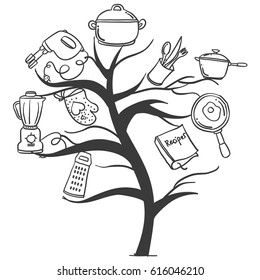 Kitchen set tree hand draw style