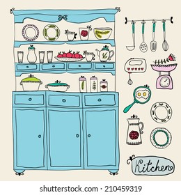 kitchen set in vector. Design elements: kitchen Cabinet, kitchen utensils, mixer, scales, and other