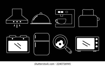 kitchen set vector icon isolated on black background, vector illustration, cookware, kitchen ware