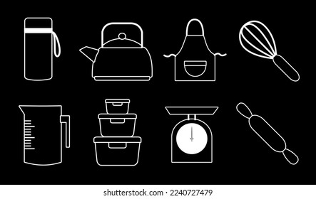 kitchen set vector icon isolated on black background, vector illustration, cookware, kitchen ware