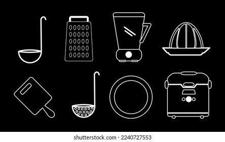 kitchen set vector icon isolated on black background, vector illustration, cookware, kitchen ware