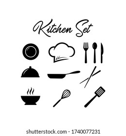 Kitchen Set Vector Knife Chopsticks Pan Fork Plate Chef`s Hat Logo Design