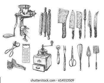 Kitchen set. Vector large collection hand drawn illustration with kitchen tools. Utensil and cooking. Kitchenware sketch. Retro engraving style