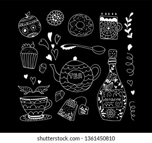 kitchen set in vector on a chalkboard. Stylish design elements: spoon, mug, kettle, bottle, fruit,glass