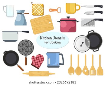 Cocina ambientada al estilo vectorial de herramientas de cocina lindas, cuchillos, alfileres, cuchara, espátula, ollas, sartenes, jarras. Cuidada colección de utensilios de cocina.