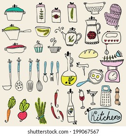 kitchen set in vector. Stylish design elements: pepper-box, fork, spoon, bowl, pan, mixer, scales, colander, knife and others