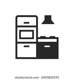 Kitchen setup icon with cabinets, stove, and range hood. Vector illustration.