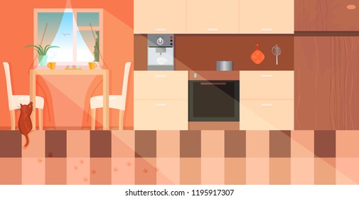 Kitchen in shades of brown. Red cat near the table. Vector illustration