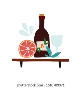 Kitchen shelf  and with a bottle of vine. Kitchen cooking print. Vector illustration. Isolated on white background