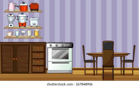 Kitchen with shelf and cabinet