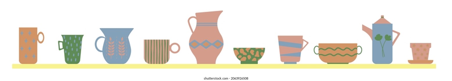 Kitchen Shelf With Ceramic Tableware. Kitchenware Banner. Vector Illustration.