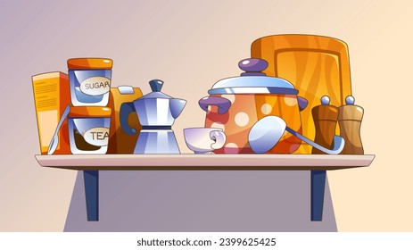 Kitchen shelf with cooking equipment. Vector cartoon illustration of kitchenware and ingredients, coffee maker and cup, paper bag, glass jars with sugar and salt, wooden chopping board, saucepan