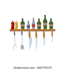 Kitchen shelf with cooking tools and bottles cartoon vector Illustration