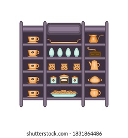 Kitchen. A shelf for dishes with cups and dishes for coffee. Color image on a white background. An isolated group of objects. Design element. Vector illustration.