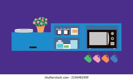 kitchen shelf with food and microwave