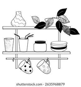 Kitchen Shelf with glasses, cups, plates, black and white line art for eco-friendly living