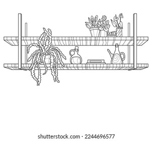 Kitchen shelf with jars, olive oil and flowers. Black and white vector image. Coloring.