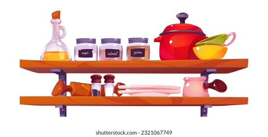 Estante de cocina en la pared con utensilios y tarros de conchas. Dibujo vectorial de botellas de aceite, pimienta, sal, azúcar, harina de avena, envases de quonoa, platos limpios, tazones y tazas. Elementos interiores