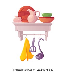Kitchen Shelf on Wall with Utensils Isolated. Vintage Cutlery on Shelves. Clipart Vector Illustration in Cartoon Style.