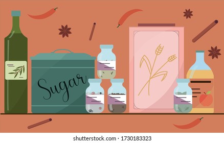a kitchen shelf and spices and vintage  metal boxes 