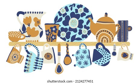 Kitchen shelf with tableware in cute decorative style