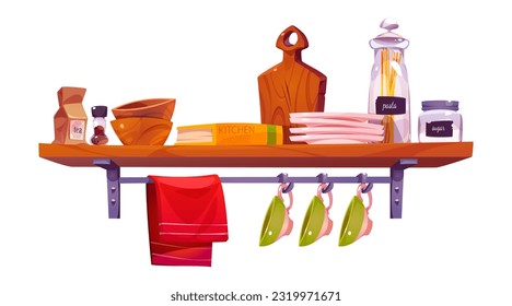 Estante de cocina con utensilios y vectores de herramientas de cocina. Objetos de cocina organizados para el hogar o restaurante icono aislado en el fondo. Mobiliario de cocina de época e ilustración de dibujos animados.