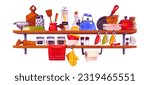 Kitchen shelf with utensil and dish vector set. Kitchenware tool object on hanging shelves interior furniture. Plate, bowl, pan, cutlery and towel accessory at home. Restaurant equipment and appliance