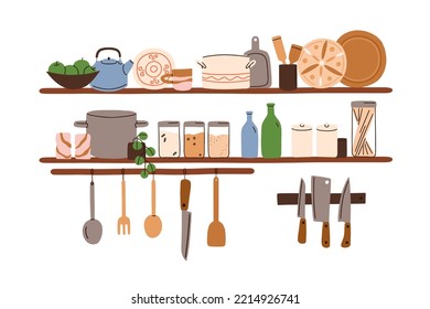 Kitchen shelf with utensil, kitchenware, food. Tableware, cookware, dinnerware, cutlery, cooking tools, cups, accessories, stuff on home shelves. Flat vector illustration isolated on white background